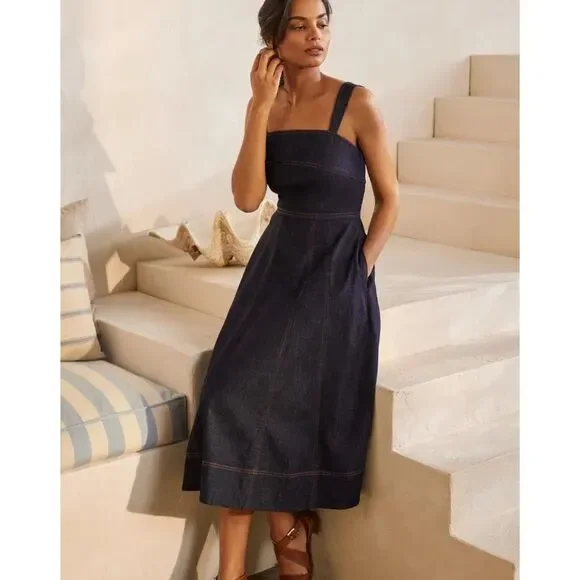 white christmas dresses V-Neck Denim Dress-Mid Vintage main image 1
